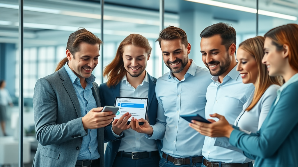 sms marketing tools business team collaborating around text message campaign dashboards, photorealistic modern workspace