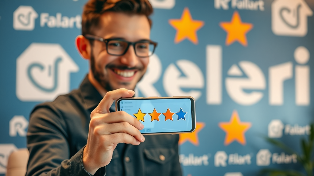 Satisfied customer giving a 5-star review on phone with visible positive review stars, brand logo wall, online reviews, customer review