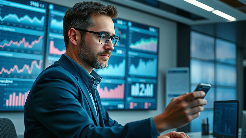Focused analyst tracking mobile marketing campaign analytics on a digital dashboard. Conversion rate and customer loyalty metrics in a tech office.