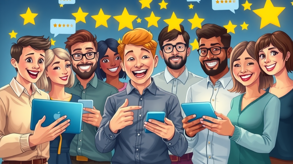 Reputation Marketing infographic showing diverse group interacting with review platforms, review stars and digital feedback bubbles, online review