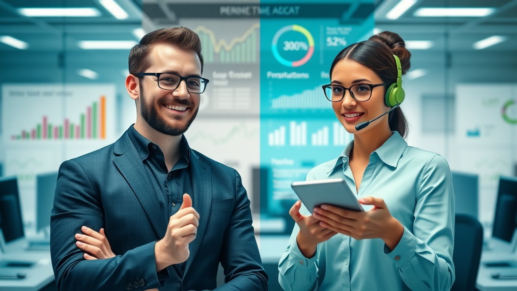 Reputation marketing vs. reputation management contrasting panels: brand manager discussing reputation marketing strategy, customer service agent focusing on negative feedback, marketing differ