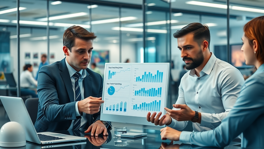 business executives analyzing customer review statistics in a modern office