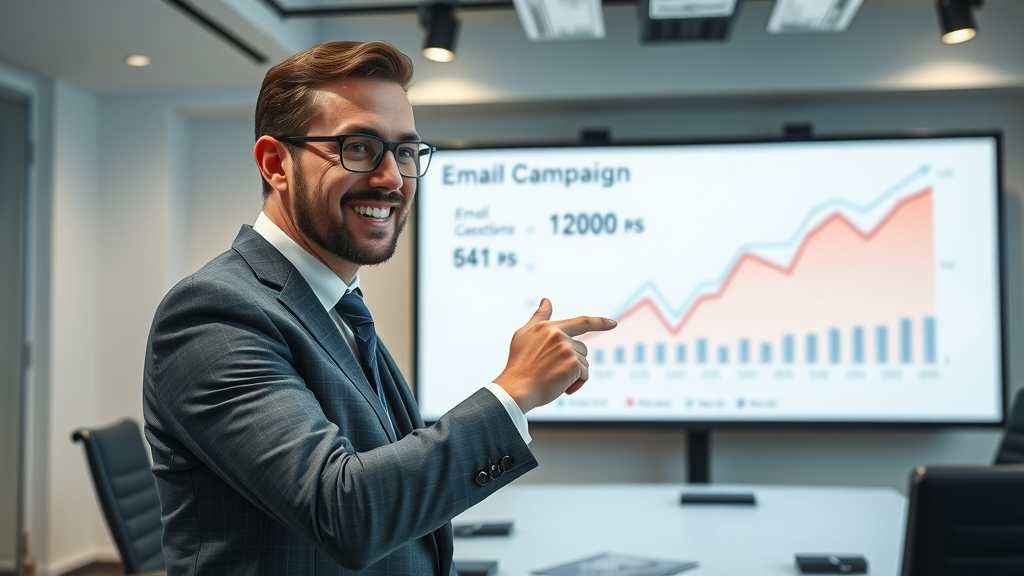 Business professional reviewing successful email campaign charts and open rates, digital whiteboard, modern office setting