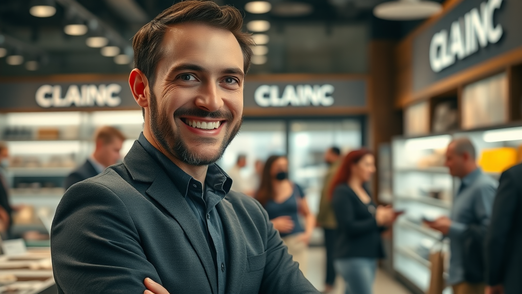 confident small business owner engaging with satisfied customers, representing strong brand reputation