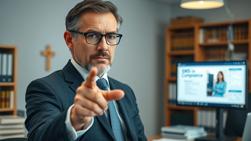 Cautious lawyer explaining sms compliance laws for sms opt-in compliance