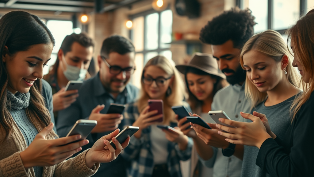 sms personalization diverse group engaged with mobile phones urban coffee shop notifications