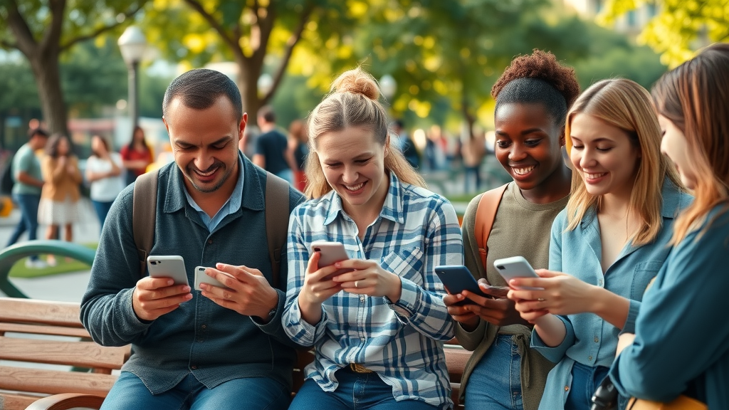 engaging, group of diverse customers reacting to SMS poll on their smartphones. customer engagement sms.