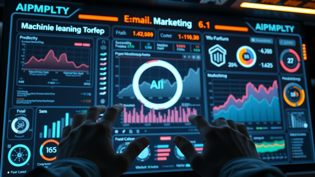 AI-driven email marketing dashboard for campaign optimization, predictive analytics, glowing holographic charts