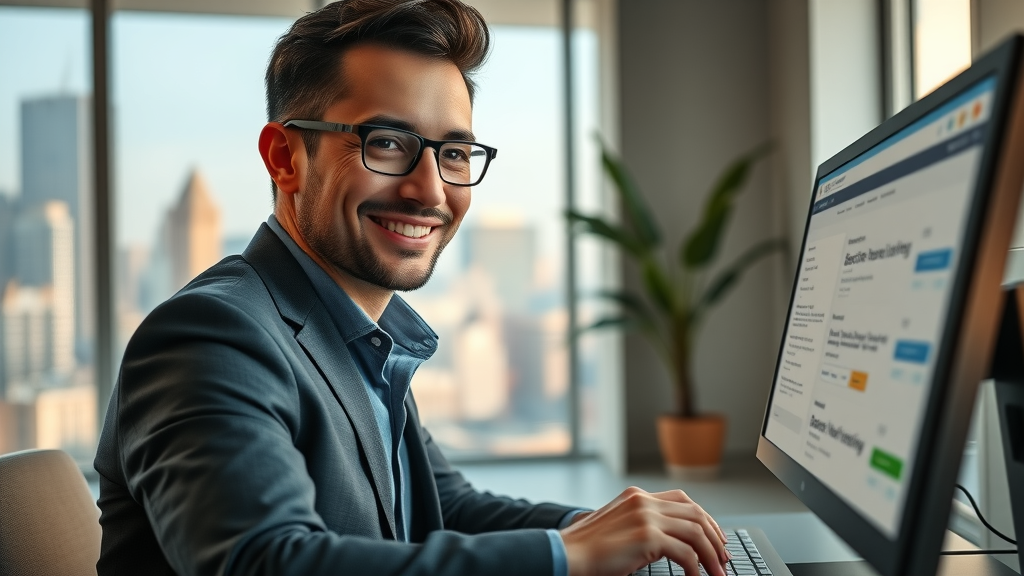 Successful business owner updating their business listing optimization on a digital dashboard with cityscape