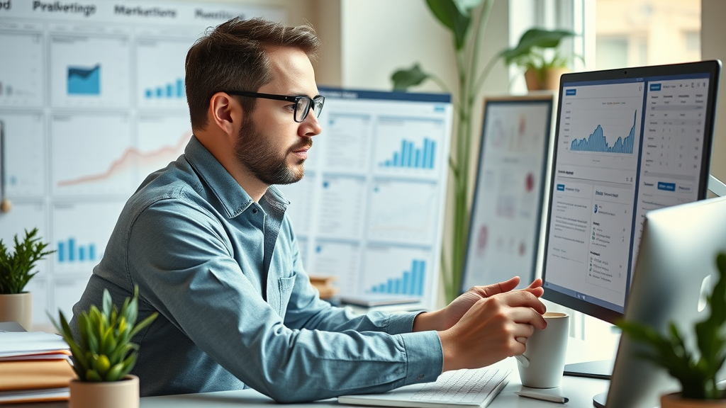 marketing analyst updating segmented email list and reviewing campaign analytics for optimization, modern tidy workspace