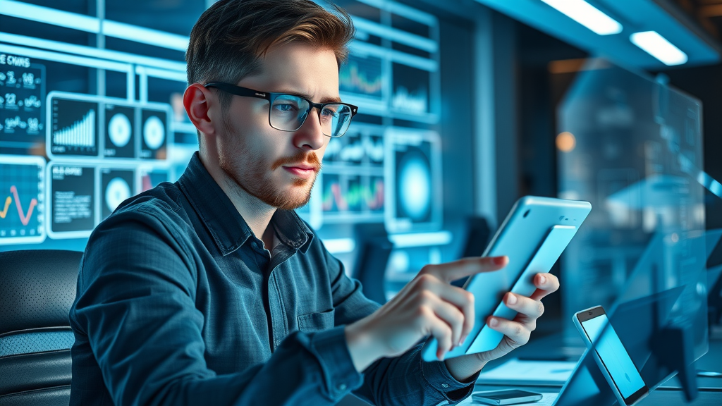 Creative digital marketer planning cross-device mobile marketing ad placements with futuristic holograms. Mobile marketing campaign expert hacks in a sci-fi workspace.