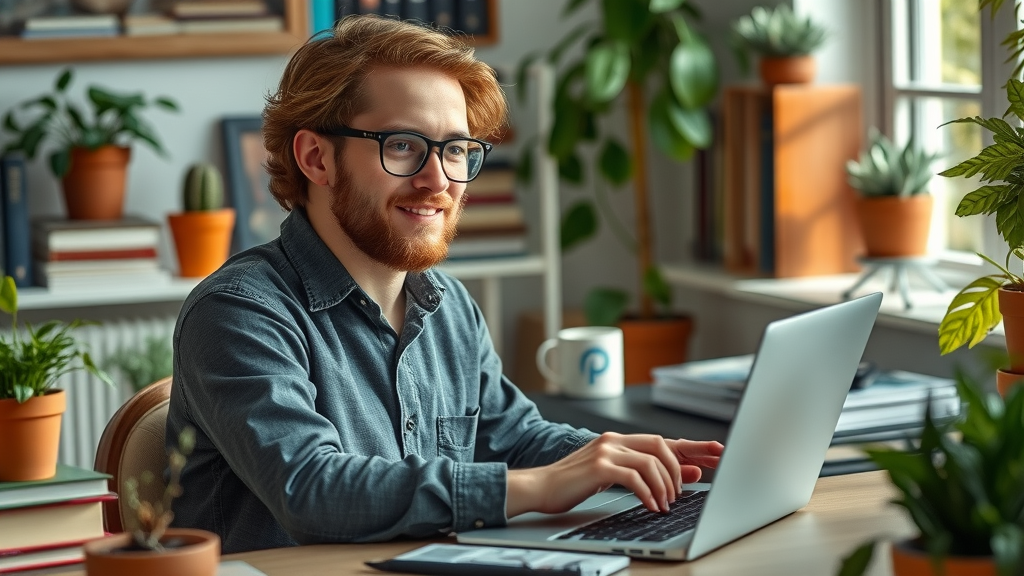 content creator developing blog posts in cozy home office for digital marketing