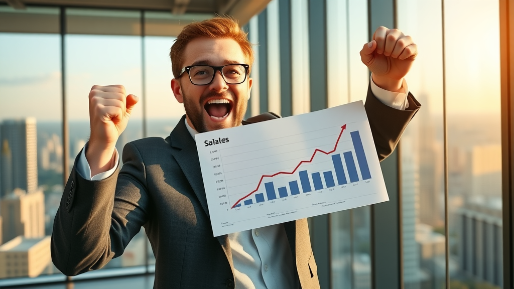 ecstatic business leader celebrating sms marketing campaign sales success, strong sales report, upward trend