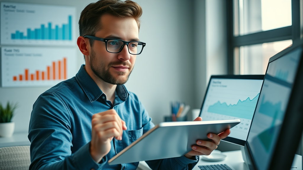 marketing specialist reviewing social media analytics dashboard, analyzing engagement on social media, tablet and desktop with rising stats