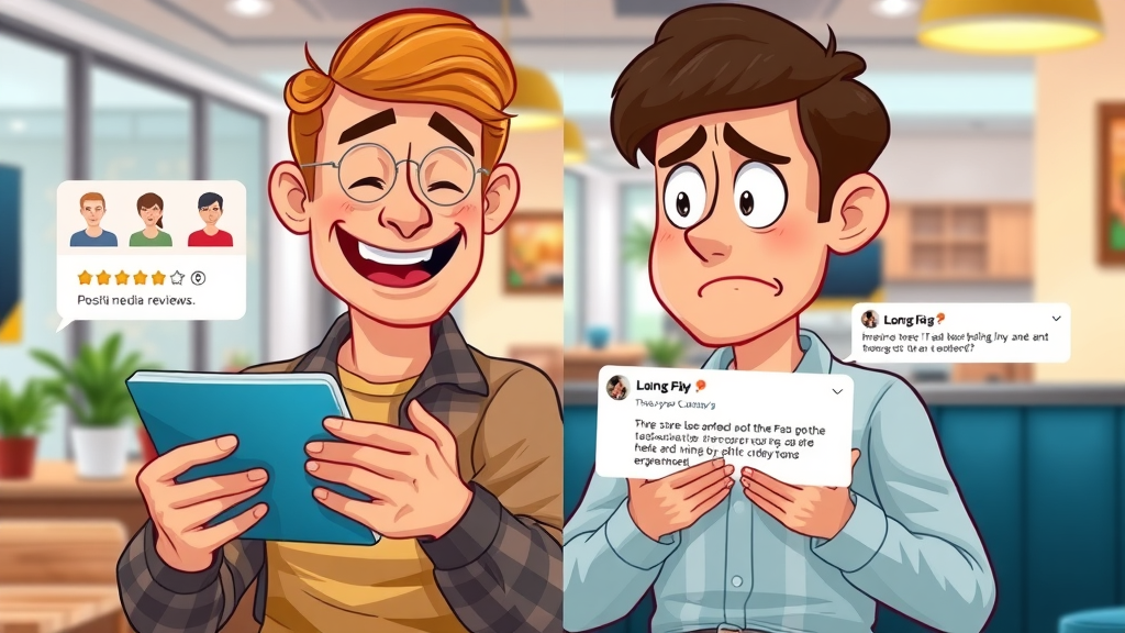 split image showing a positive and a negative social media experience, one half happy customer reading positive reviews, the other half concerned individual with negative comments, 2D Cartoon, dynamic split-screen with emotive icons and comments, highly detailed, vibrant contrasting colors, balanced indoor lighting, shot with a wide-angle lens. Social media reputation split