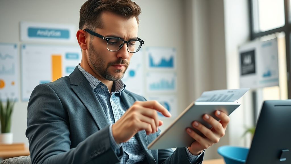 business owner analyzing digital chart for local search ranking insights