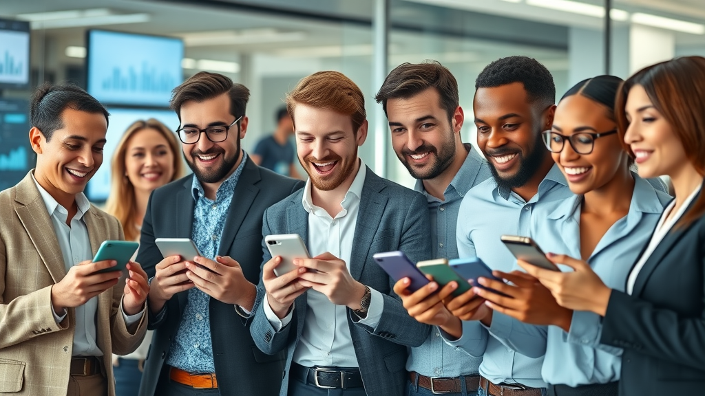 dynamic group of diverse business professionals reviewing marketing statistics on smartphones in a modern office, focusing on sms marketing strategies and engagement