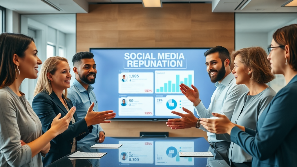 diverse group of professionals discussing social media reputation, engaged expressions, gesturing towards a large screen displaying social stats, Cinematic, modern office boardroom background, highly detailed, digital elements like speech bubbles and user icons, natural skin tones, bright indoor lighting, shot with a 35mm lens. Social media reputation management meeting