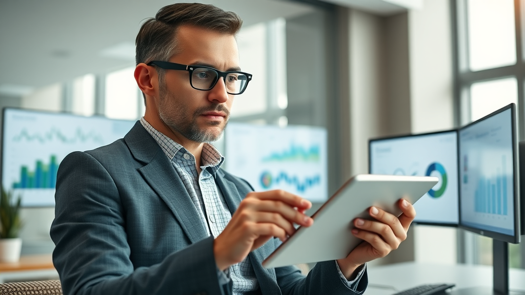 Confident digital strategist reviewing mobile marketing reports on a tablet. Real-time analytics and mobile tech optimization for marketing campaigns.