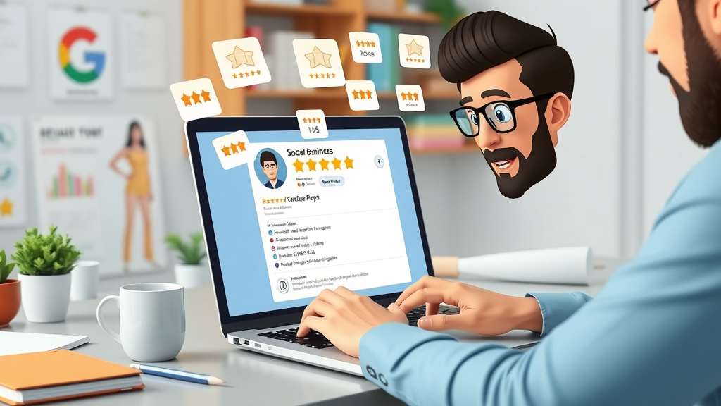 business owner encouraging google reviews via small business social media page on laptop