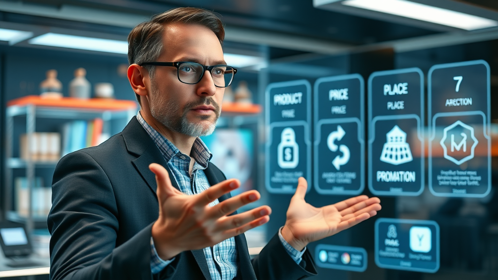 Marketing strategist presenting four marketing pillars, product, price, place, promotion, reputation marketing strategies, futuristic lab, holographic display, strong brand reputation