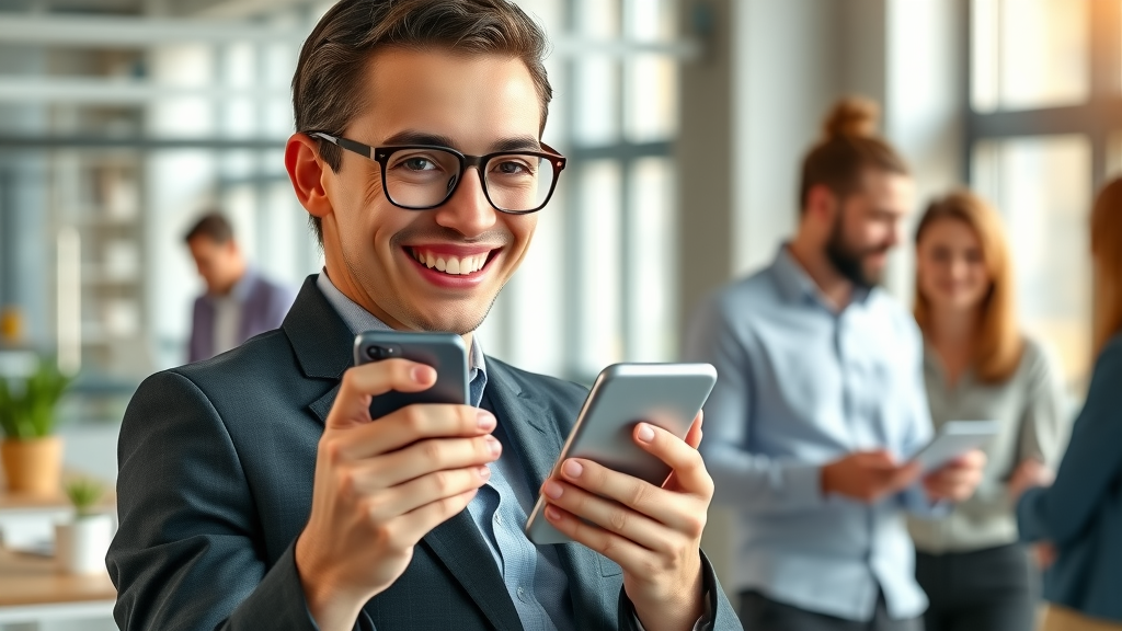business professional using sms marketing, receiving text message notifications, positive energy in modern office, sms marketing growth