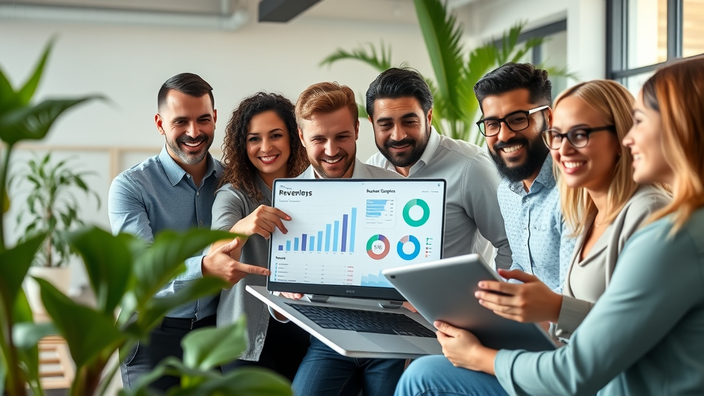 customer review generation tool used by diverse group on laptops in coworking space