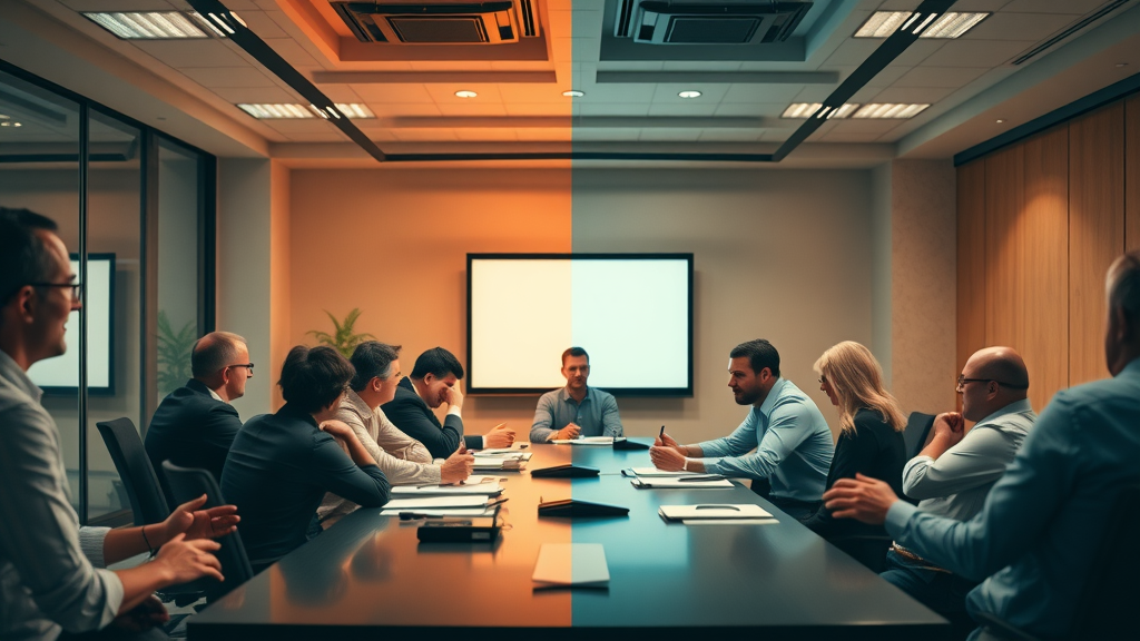 Split-screen comparison of proactive reputation marketing strategies, reactive reputation management team, corporate boardroom crisis, energetic body language, positive brand reputation