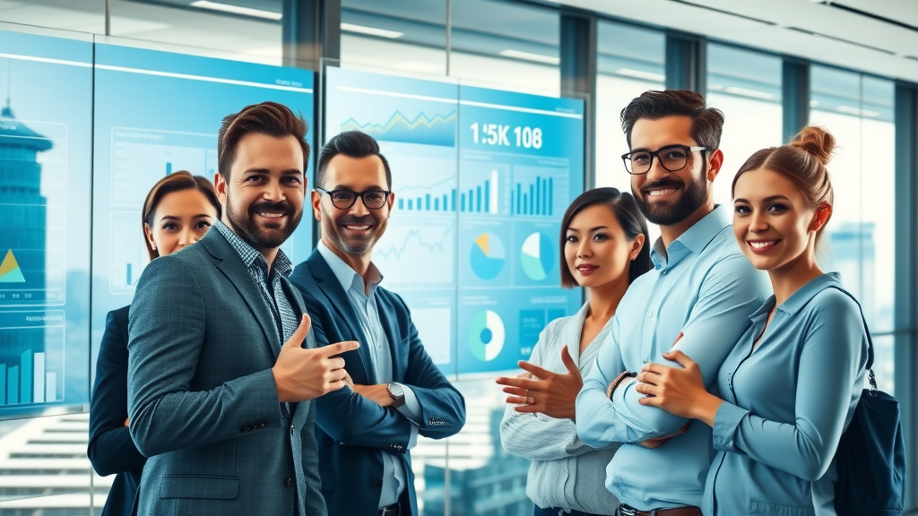 social media content strategy team analyzing analytics in modern office