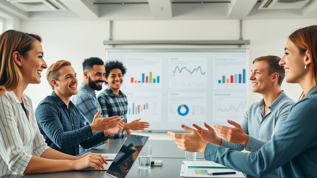 marketing team discussing email marketing campaign strategy, increasing email click-through rates, analyzing colorful charts in modern meeting room