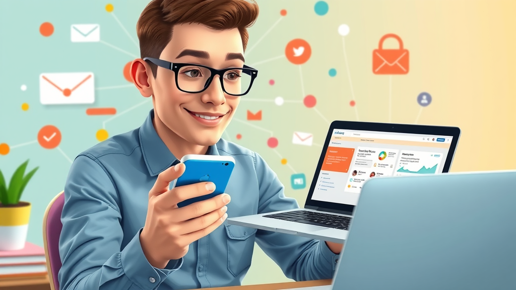 marketer using smartphone and laptop for email and sms campaign dashboards, sms marketing statistics in action