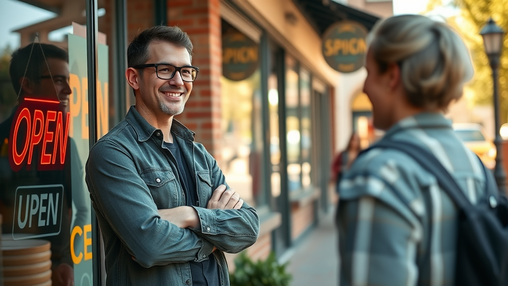 business owner greeting customer at well-optimized local storefront
