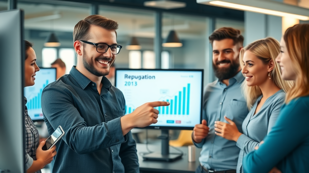 Satisfied business owner reviewing positive online reputation management graphs with their team