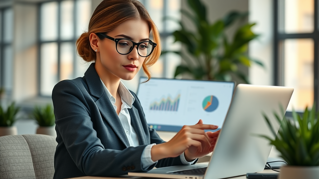 Businesswoman comparing two analytics tools on her laptop - social media analytics tool