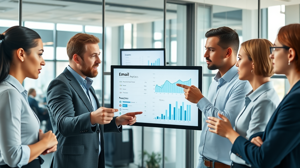 business professionals reviewing email marketing analytics dashboards