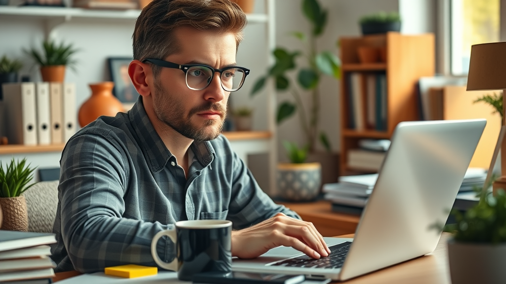 Email marketer collecting customer data for email list segmentation, focused at a laptop, surrounded by plants and books, morning light