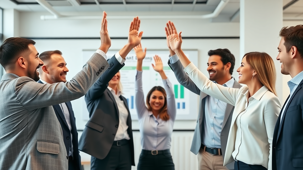 motivational, successful business team high-fiving after a great SMS campaign. customer engagement sms.