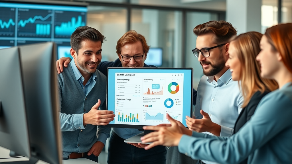 personalized email marketing data analysis with business professionals in modern office