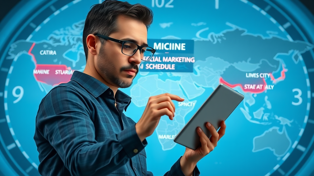 International marketing manager adjusting global posting schedule by time zone - best times to post on social media
