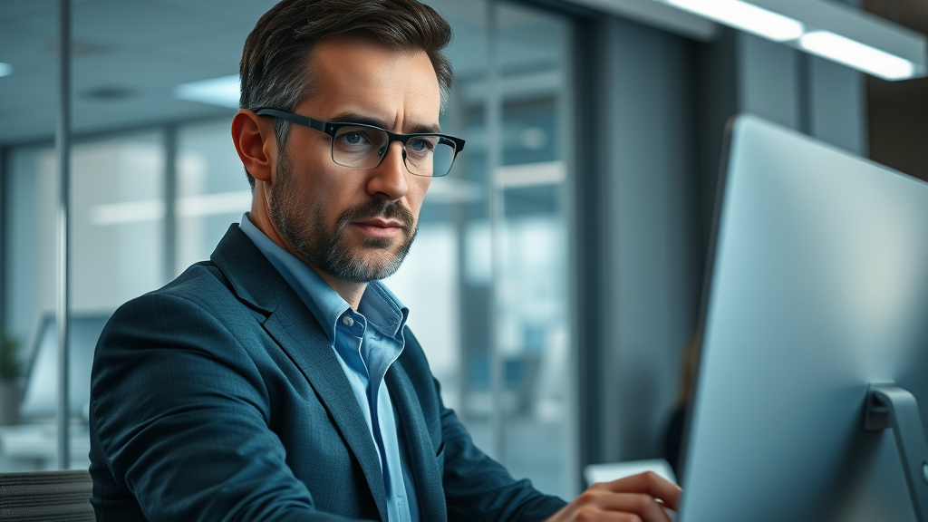Online reputation management professional business owner monitoring digital reputation on a computer screen in a modern office environment