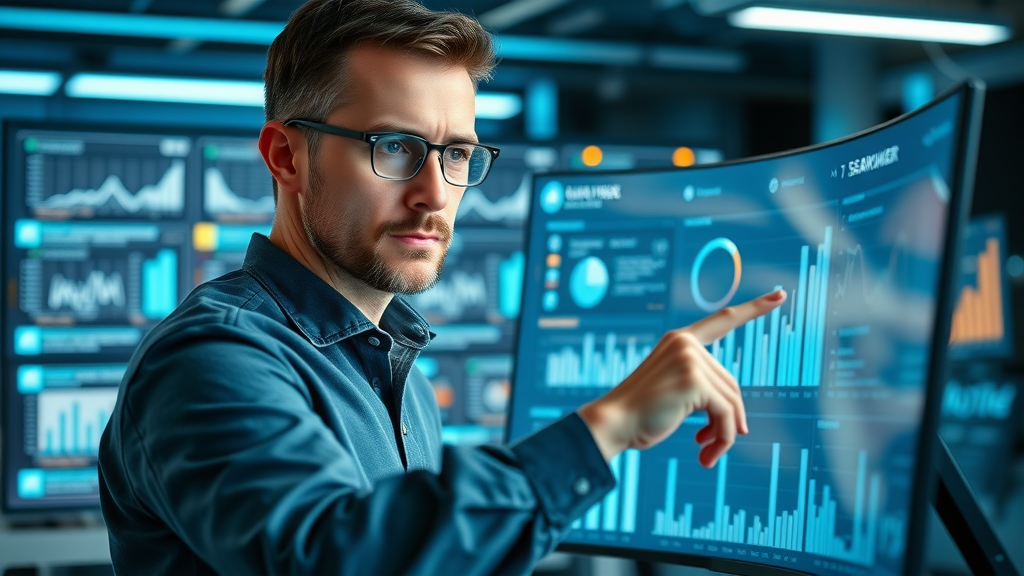 data-driven marketer analyzing email campaign open rates, click rates, and bounce rates in futuristic workspace
