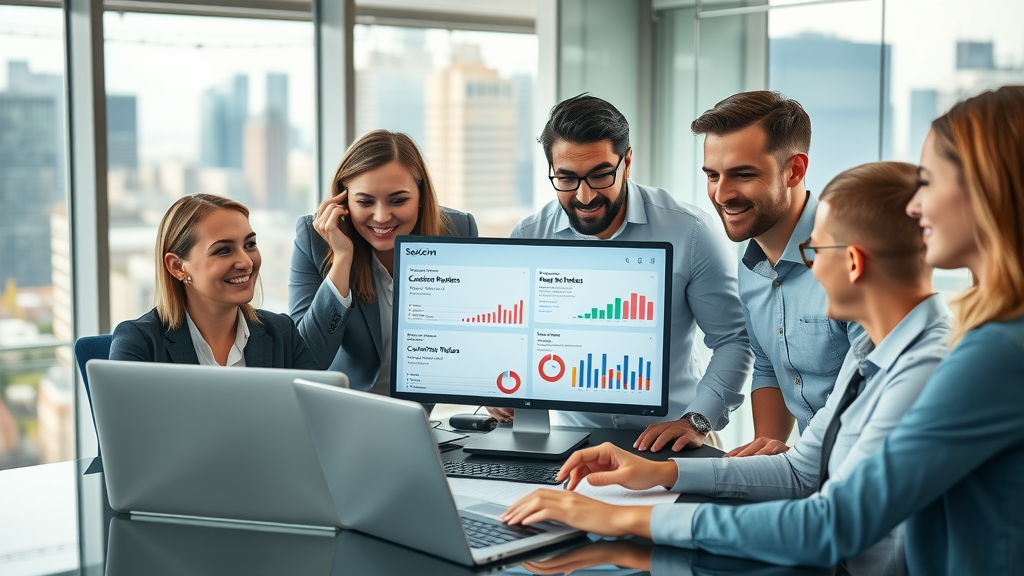 Customer reviews management team collaborating in office with customer review dashboards