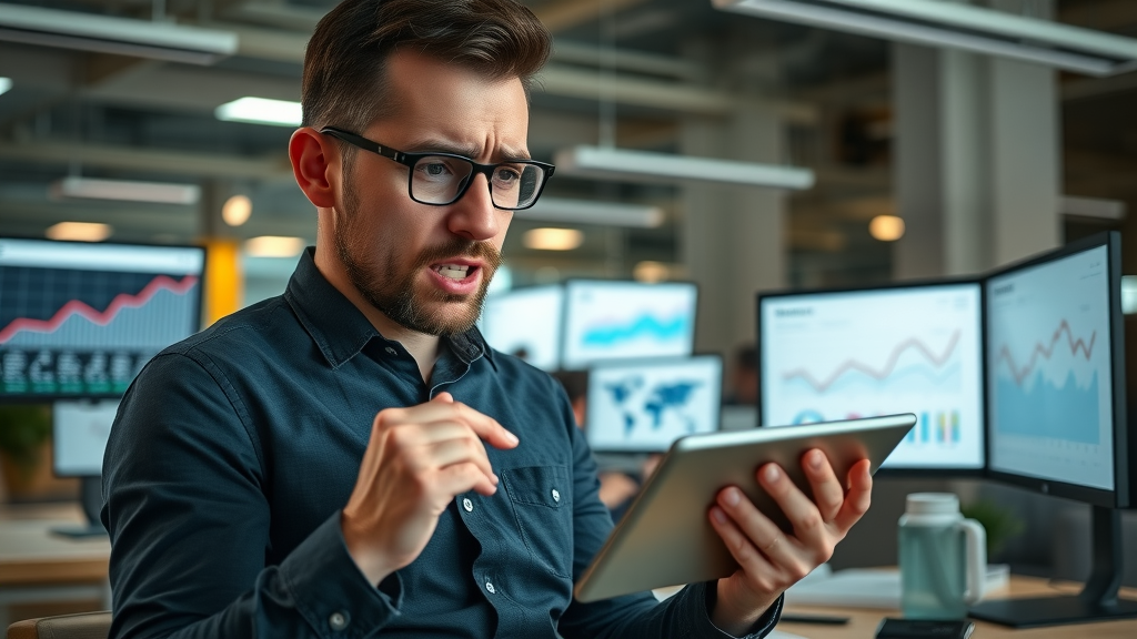 concerned digital marketer reviewing low email stats for email campaign optimization, downward trends, dramatic office lighting