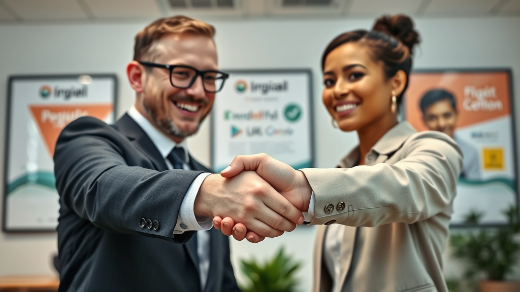 close up handshake symbolizing brand trust, professional office with branding posters
