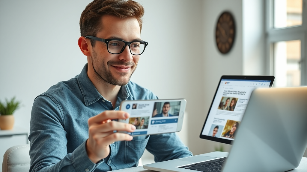 marketer reviewing mobile-responsive email content, optimizing email open rate and email click-through rates on smartphone and laptop