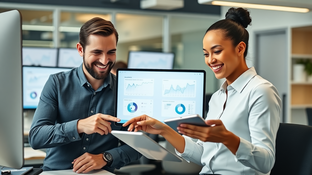Reputation Marketing modern business team collaborating with review dashboards on digital devices in office workspace, online reviews