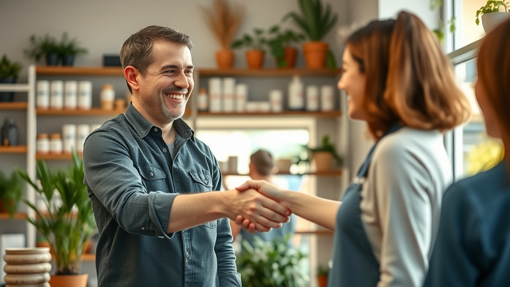 shop owner and customer shaking hands after reading positive customer reviews