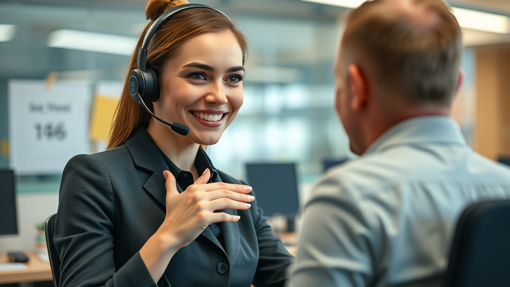 friendly customer service representative supporting brand trust in a call center
