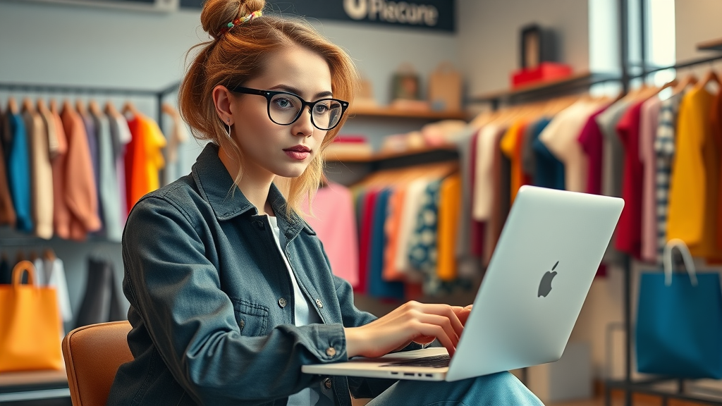 Fashionable retail marketer scheduling posts on laptop for vibrant online store - best posting times for retail