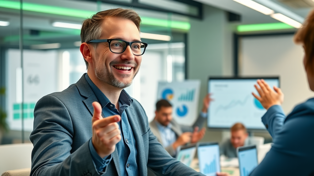 confident marketing leader celebrating digital marketing campaign results with team